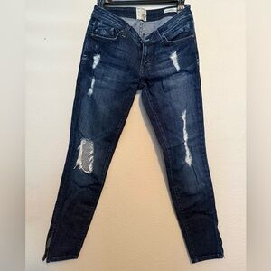 Dylan George Lucy Style Low Rise Skinny Zip Dark Blue Distressed Skinny Jeans